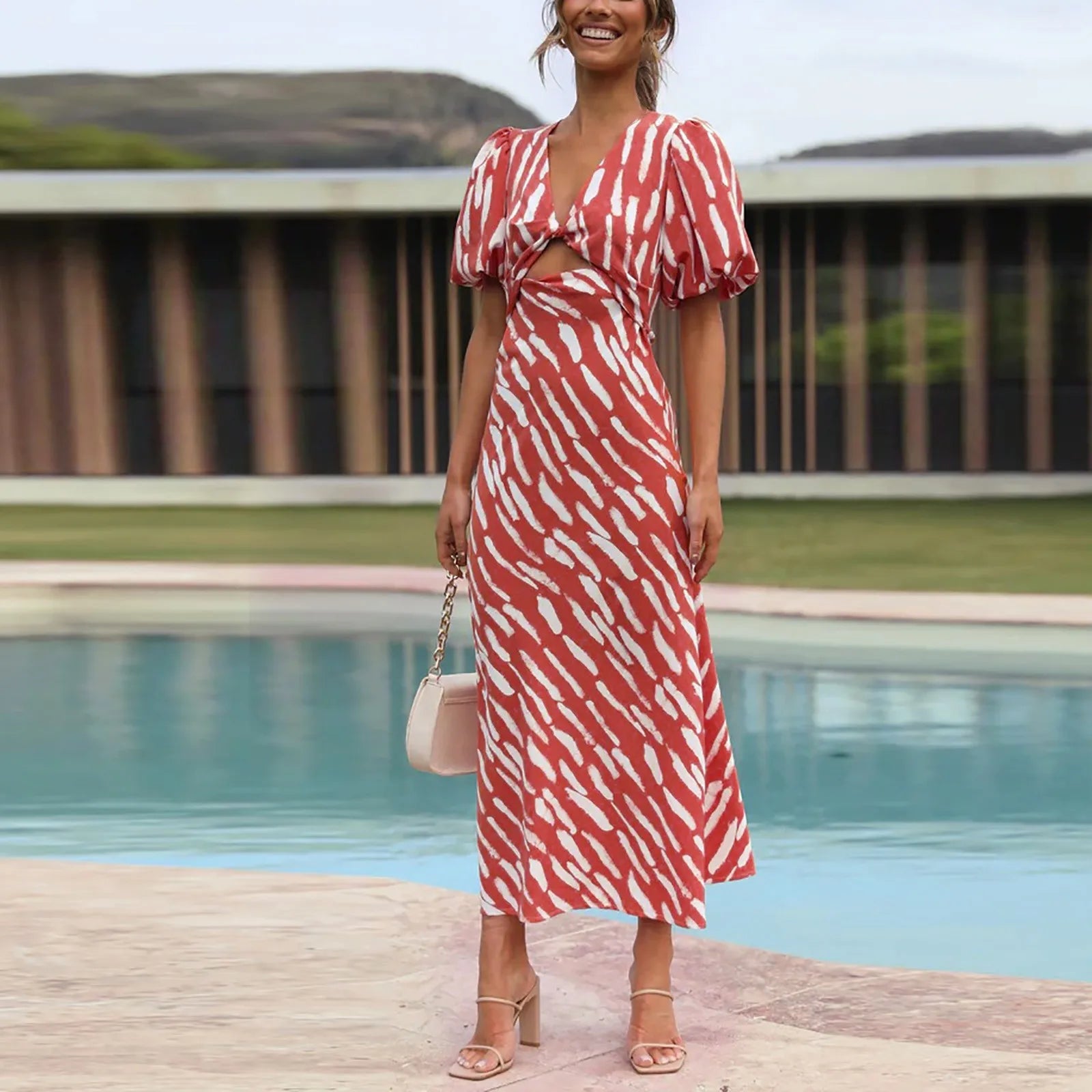 2024 Elegant Boho Stripe Print V-Neck Puff Sleeve Midi Dress Elegant Puff Sleeve Midi Dress