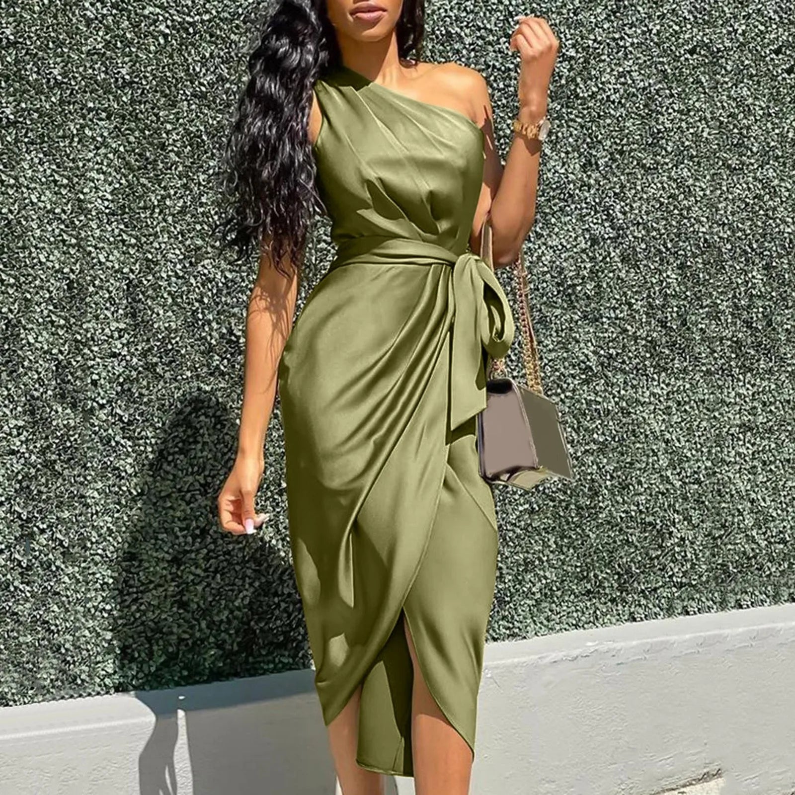 2024 Sexy Green Asymmetrical One Shoulder Satin Ruched Midi Dress Comfortable Floral Print Midi Dress