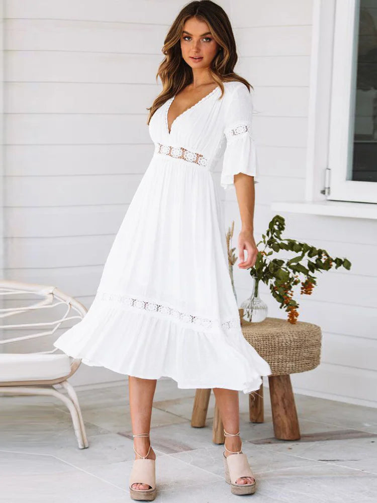 2024 Sexy V Neck Lace Splice Boho Midi Dress Cozy Tie-Dye Midi Dress