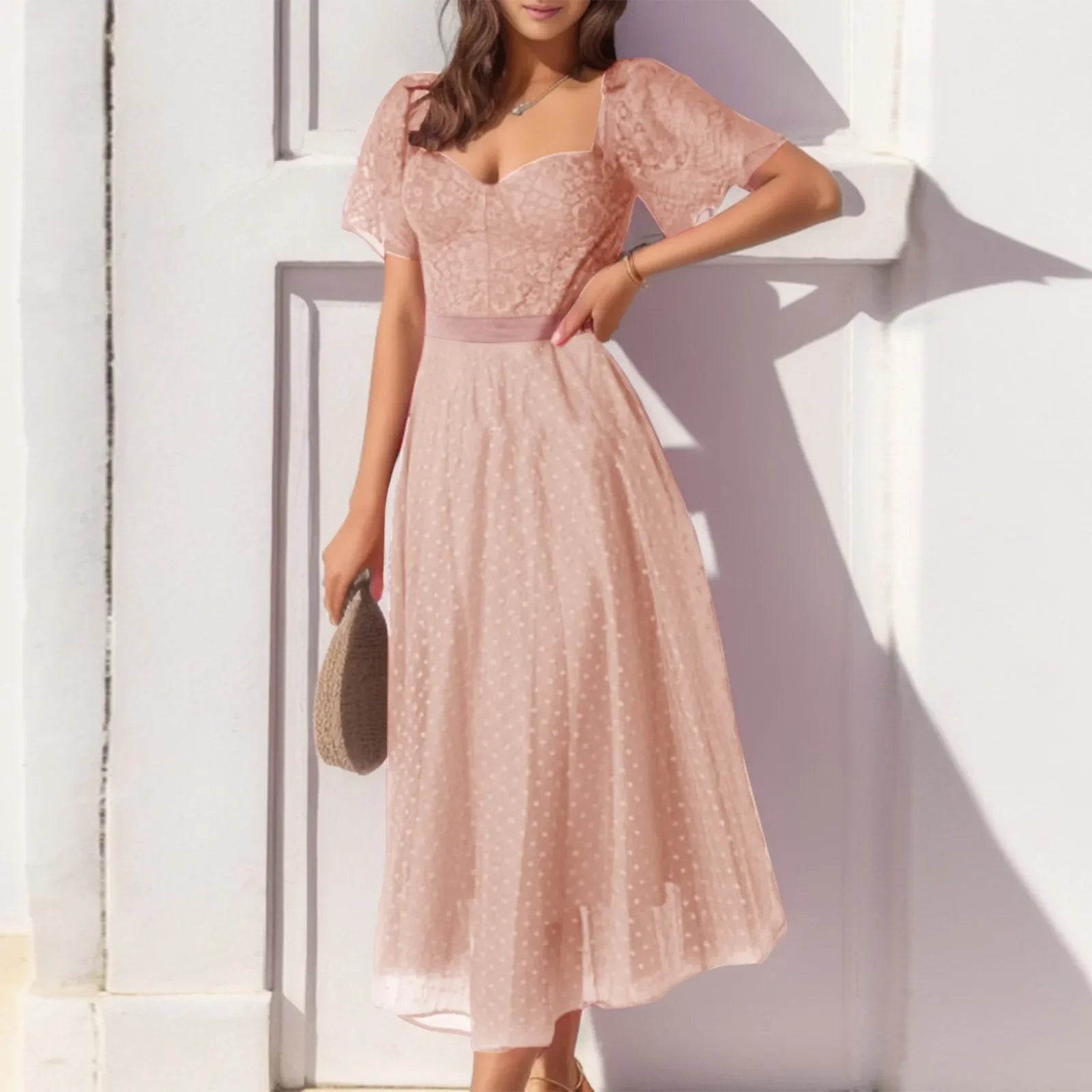 2024 High Waist Vintage Square Collar Tulle Long Summer Midi Dress Fashionable High-Neck Midi Dress