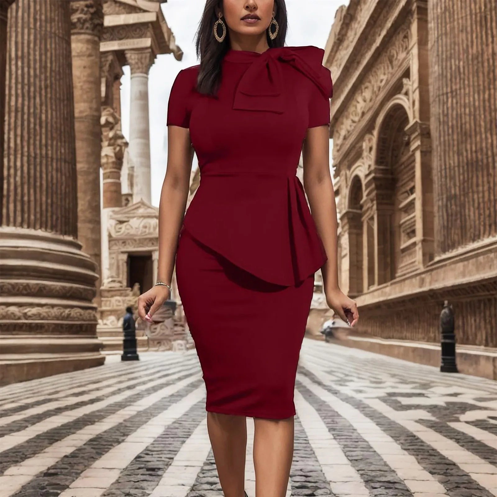 2024 Elegant Party Prom Bow O Neck Short Sleeve Slim Midi Dress Elegant Satin Button Midi Dress