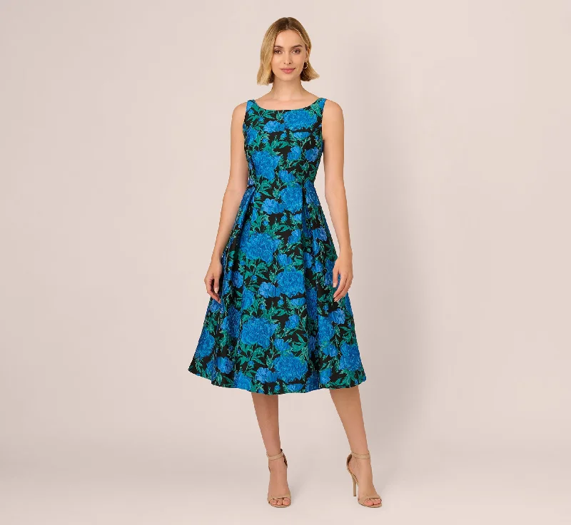 Boat Neck Jacquard Midi Dress In Blue Green Fashionable Sheer Sleeve Midi Dress