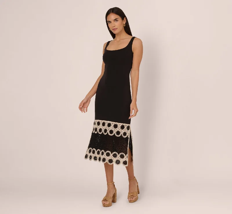 Crochet Trimmed Sheath Midi Dress With Tank Straps In Black Ecru Stylish Cold Shoulder Midi Dress