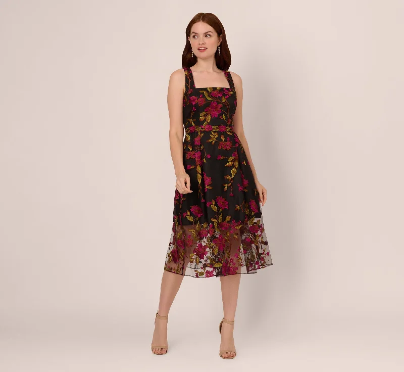 Floral Embroidered Midi Dress With Sheer Hem In Pink Black Elegant Velvet Midi Dress