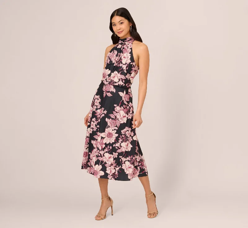 Floral Print Halter Midi Dress With Mock Neckline In Black Multi Trendy Tiered Hem Midi Dress