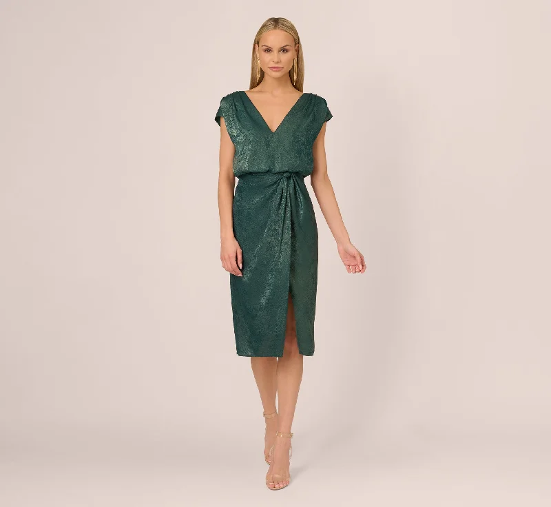 Foil Blouson Midi Dress With Faux Wrap Skirt In Dark Ivy Comfortable Geometric Print Midi Dress