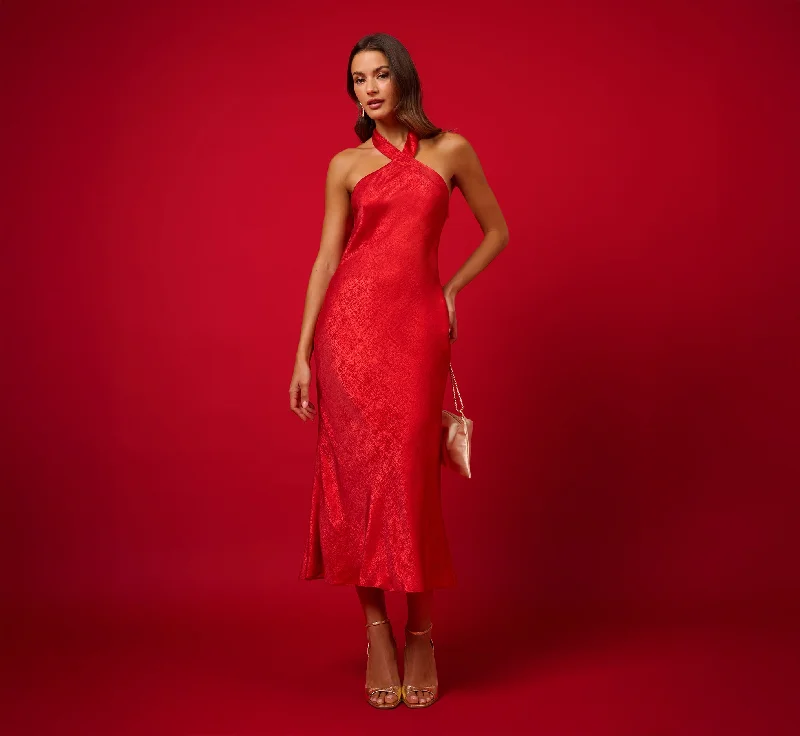 Foil Woven Halter Midi Dress In Red Stylish Tiered Midi Dress
