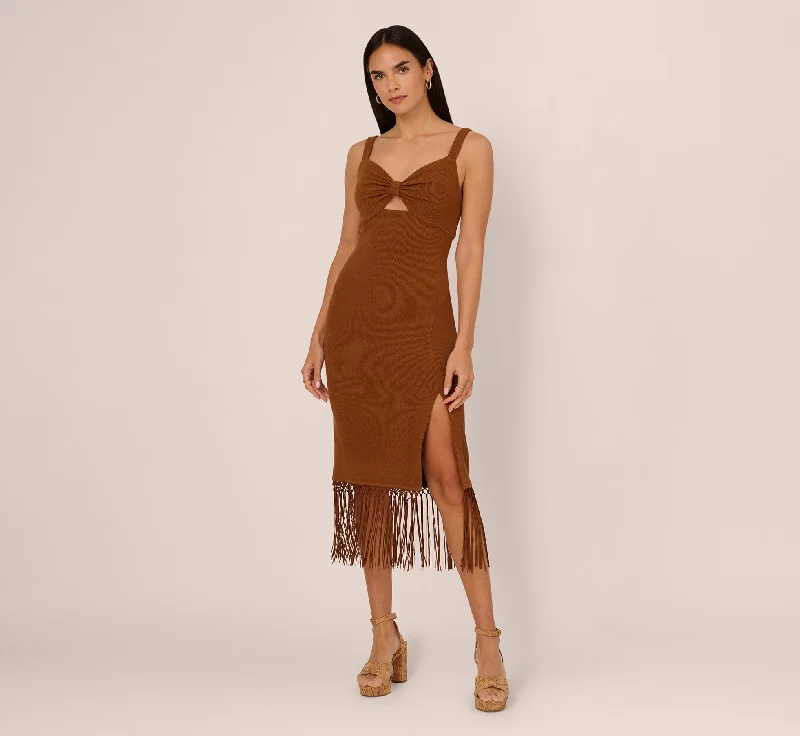 Fringe Trim Midi Dress With Keyhole Cutout Bust In Light Brown Comfortable Lace-Up Midi Dress