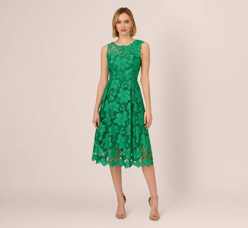 Lace Sleeveless Midi Dress With Sheer Neck And Hem In Green Fashionable Skater Midi Dress