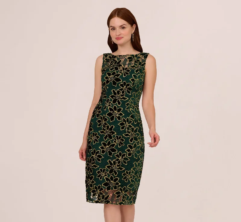 Metallic Floral Lace Midi Dress With Illusion Neckline In Hunter Gold Trendy Knit Midi Dress