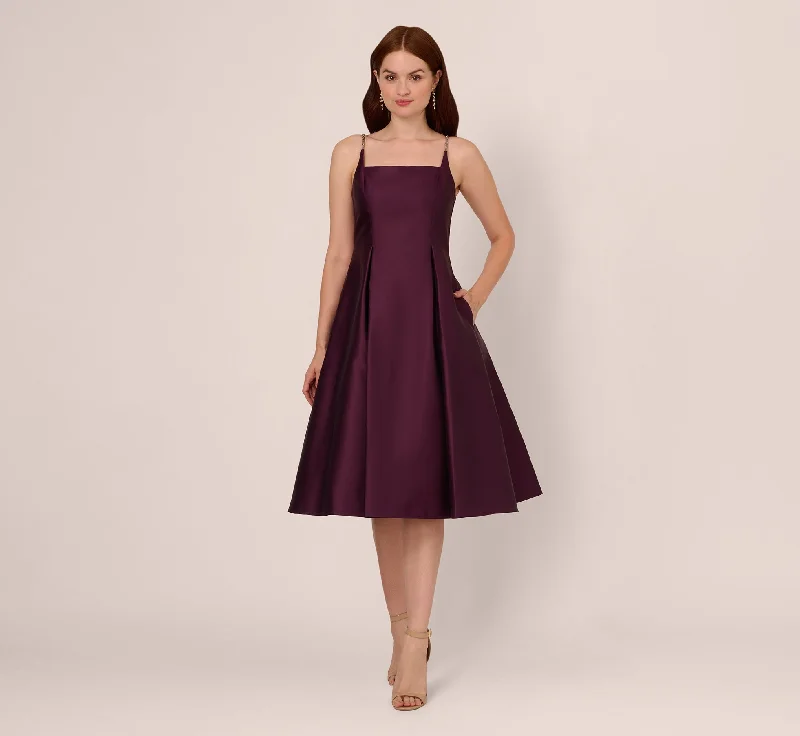 Mikado Midi Dress With Beaded Spaghetti Straps In Pinot Noir Elegant Lace Trim Midi Dress