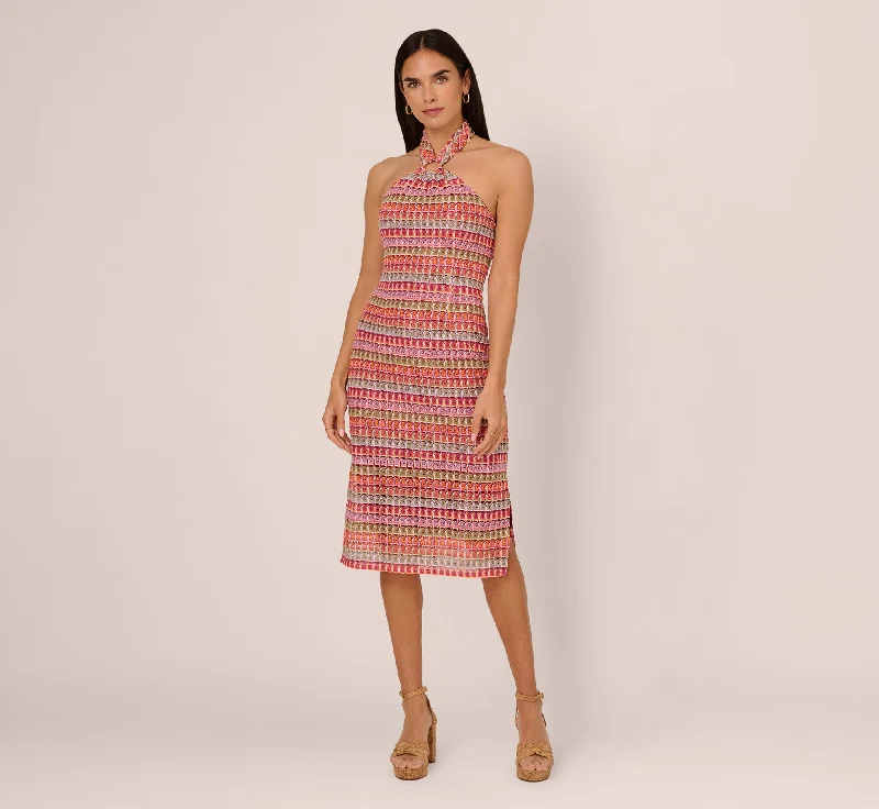 Multicolor Crochet Midi Dress With Halter Neckline In Purple Multi Fashionable Casual Midi Dress