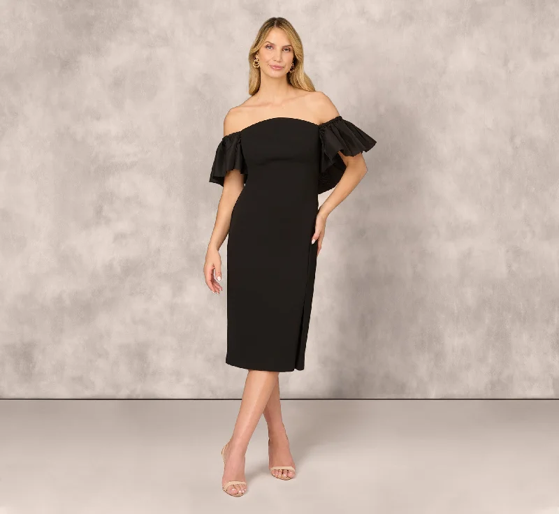 Off The Shoulder Midi Dress With Organza Bubble Sleeves In Black Stylish Satin Midi Dress