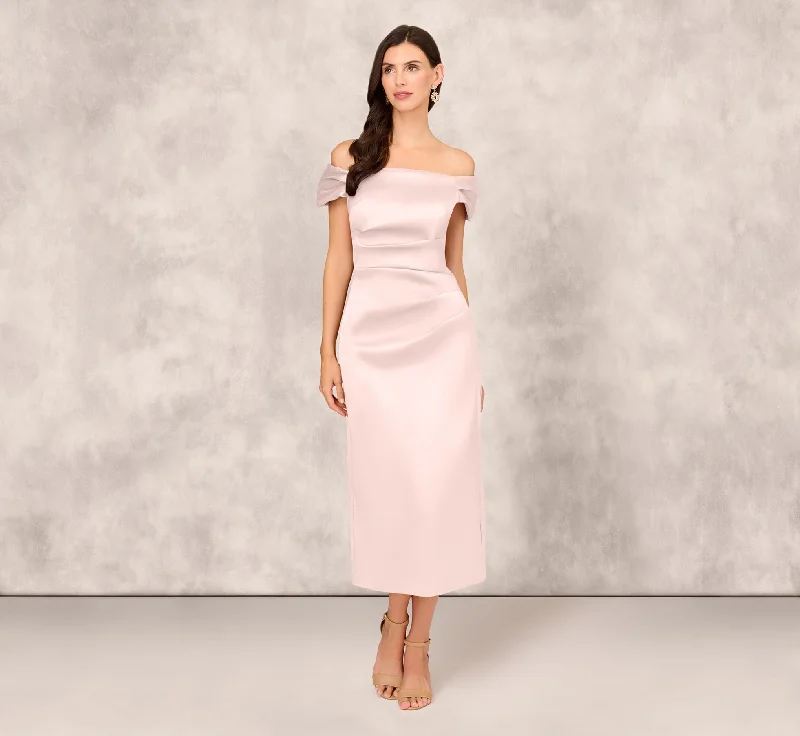 Off The Shoulder Mikado Midi Dress With Pleat Details In Pale Blush Stylish Long Sleeve Floral Midi Dress