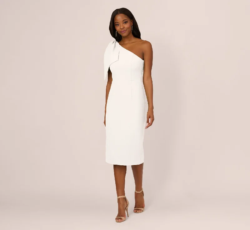 One Shoulder Midi Dress With Bow Accent In Ivory Stylish Off-Shoulder Ruffle Dress