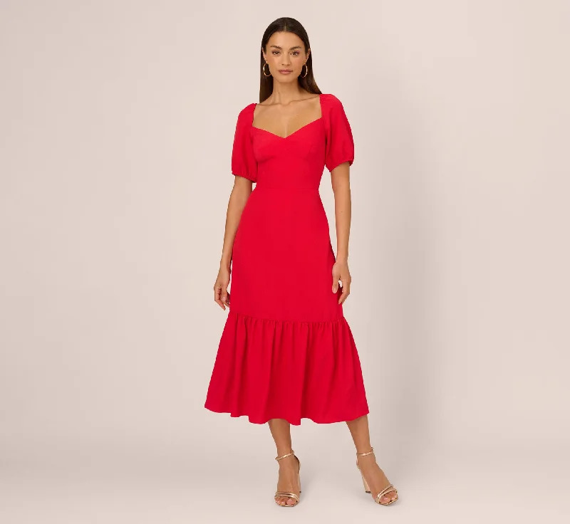 Puff Sleeve Midi Dress With Flounce Hem In Scarlet Comfortable Ruched Midi Dress