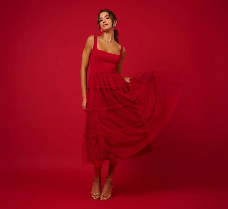 Sleeveless Midi Dress With Square Neck And Tiered Skirt In Matador Red Trendy Ruffled Sleeve Midi Dress