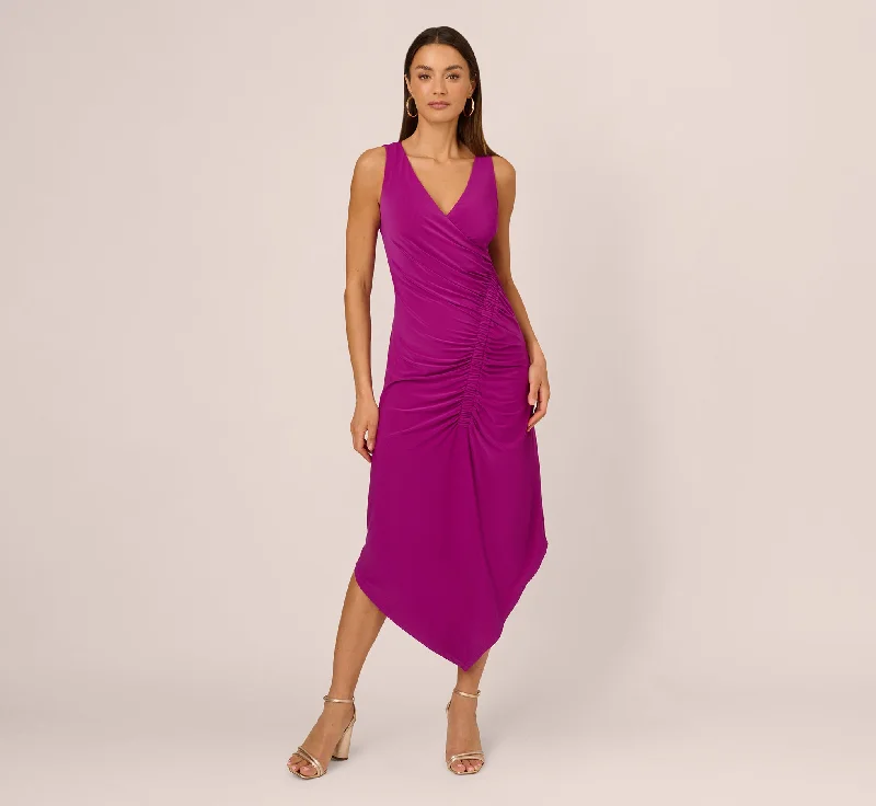 Sleeveless Shirred Jersey Midi Dress With Asymmetrical Hem In Wild Magenta Fashionable Pencil Midi Dress