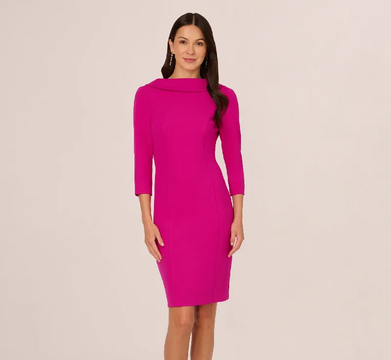 Three Quarter Sleeve Crepe Midi Dress With Rolled Neck In Pink Flambe Stylish Silk Midi Dress
