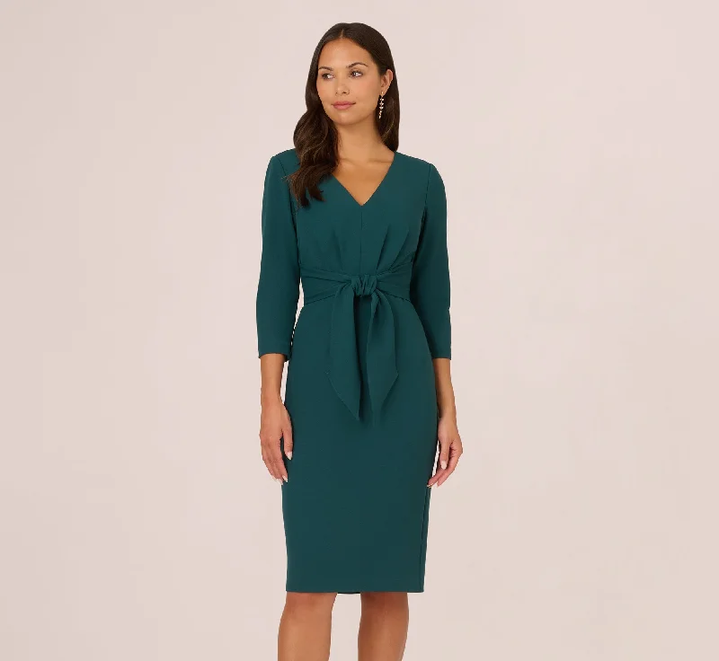 Three Quarter Sleeve Pleated Midi Dress With Tie Waist In Hunter Comfortable Ribbed Midi Dress