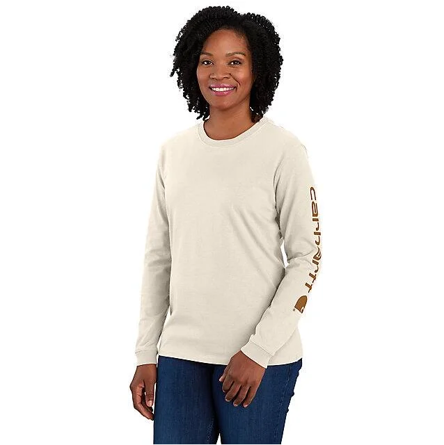 Women's Loose Fit Heavyweight Long-Sleeve Logo Sleeve Graphic T-Shirt - Malt / Carhartt Brown Solid Print Embellished Women's Loose Fit Heavyweight Long-Sleeve Logo Sleeve Graphic T-Shirt - Malt / Carhartt Brown Solid Print Embellished