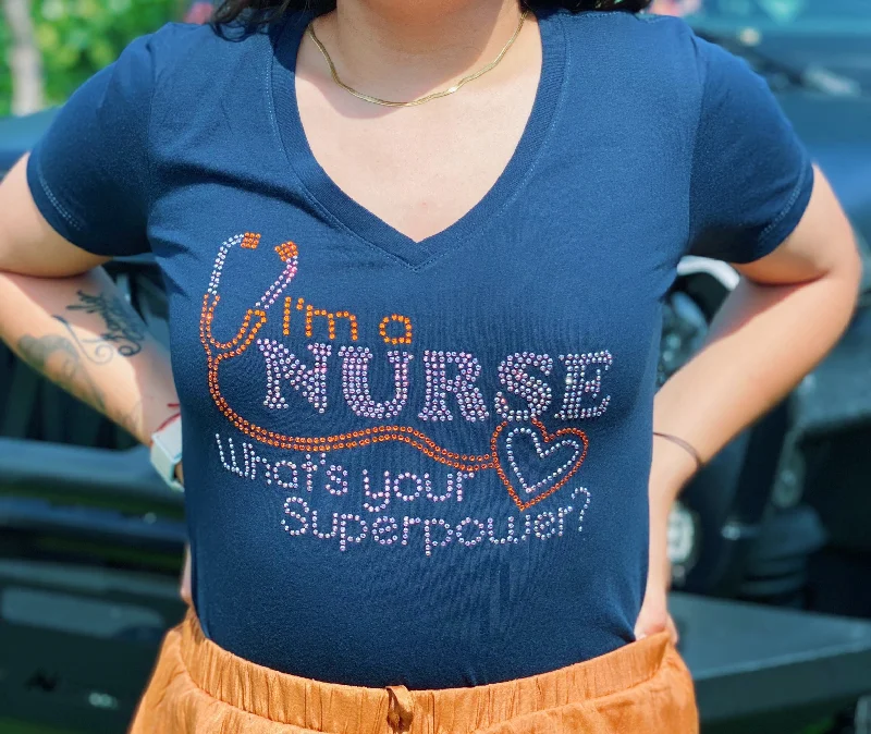 I'm a Nurse, What's Your Superpower? Rhinestone Women's Ideal V-Neck Tee Houndstooth Herringbone Solid I'm a Nurse, What's Your Superpower? Rhinestone Women's Ideal V-Neck Tee Houndstooth Herringbone Solid