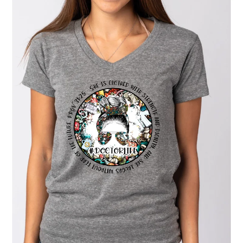Messy Bun #DoctorLife Women's Ideal V-Neck Tee Knit Fabric Woven Fabric Fleece Fabric Messy Bun #DoctorLife Women's Ideal V-Neck Tee Knit Fabric Woven Fabric Fleece Fabric