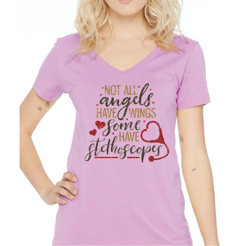 Not All Angels Have Wings Some Have Stethoscopes Women's Ideal V-Neck Tee Satin Fabric Silk Fabric Chiffon Fabric Not All Angels Have Wings Some Have Stethoscopes Women's Ideal V-Neck Tee Satin Fabric Silk Fabric Chiffon Fabric