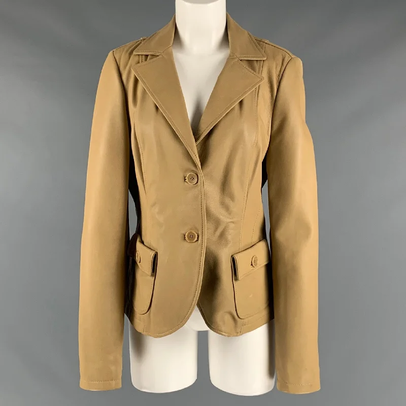 SANTINO Size 12 Khaki Leather Notch Lapel Jacket Chenille Fabric Brocade Fabric Lace Fabric SANTINO Size 12 Khaki Leather Notch Lapel Jacket Chenille Fabric Brocade Fabric Lace Fabric