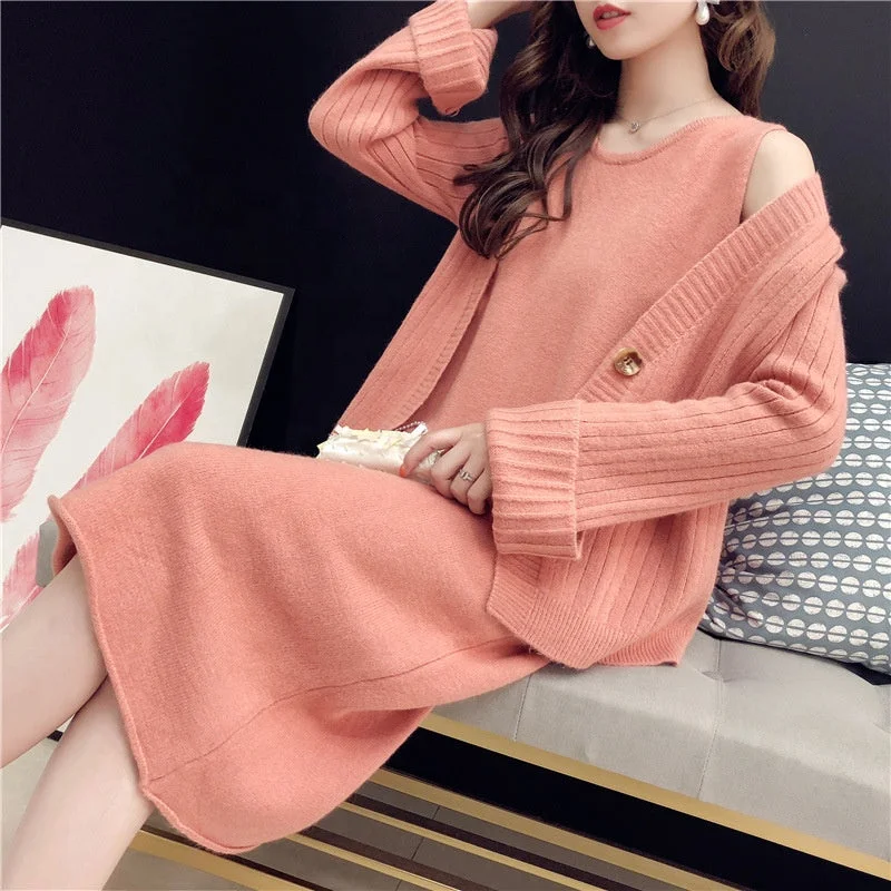 New Arrival Korean Style Office Lady V Neck Sleeveless Dress And Short Cardigan Sweater Set Denim Fabric Leather Fabric Suede Fabric