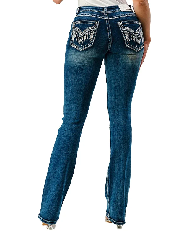 Women's Feather Faux Flap Embellishment Mid Rise Bootcut Jeans Comfortable Distressed Straight-Leg Jeans Women's Feather Faux Flap Embellishment Mid Rise Bootcut Jeans Comfortable Distressed Straight-Leg Jeans