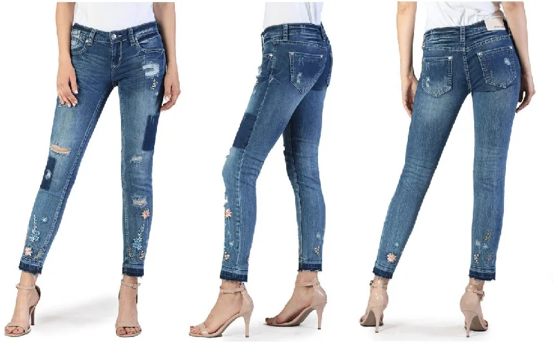 Grace In La Distressed Floral Detail Skinny Jeans - Christmas Clearance Fashionable Raw Edge Jeans Grace In La Distressed Floral Detail Skinny Jeans - Christmas Clearance Fashionable Raw Edge Jeans