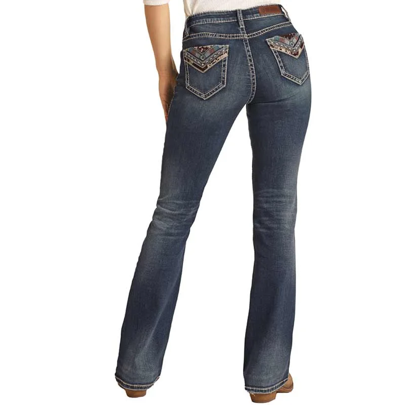 Rock & Roll Cowgirl Women's Cow Print Embroidered Bootcut Jeans Chic Double Waistband Jeans Rock & Roll Cowgirl Women's Cow Print Embroidered Bootcut Jeans Chic Double Waistband Jeans
