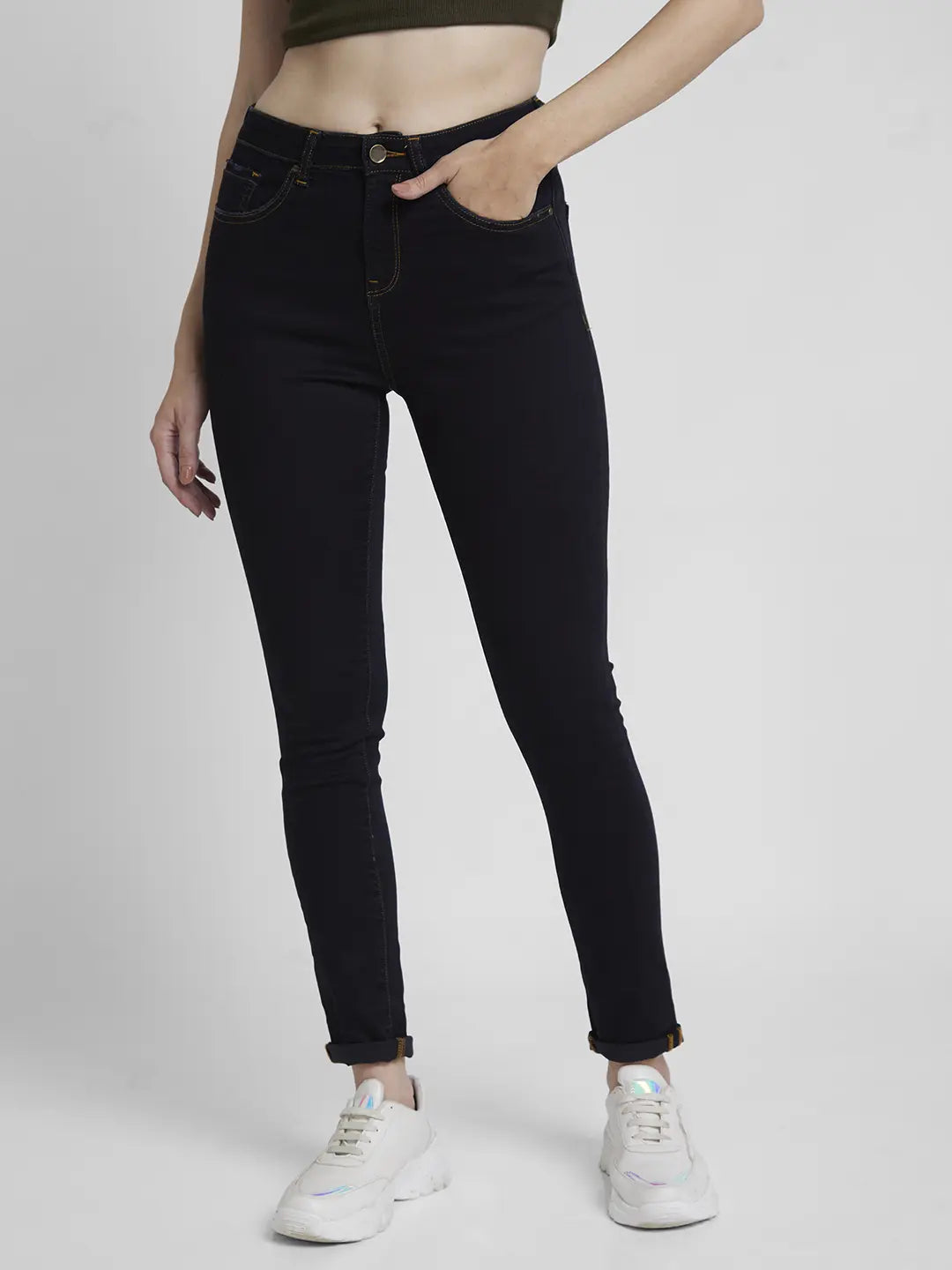 Spykar Women Dark Blue Lycra Skinny Fit Regular Length Clean Look Jeans -(Adora) Casual High-Waisted Bootcut Jeans Spykar Women Dark Blue Lycra Skinny Fit Regular Length Clean Look Jeans -(Adora) Casual High-Waisted Bootcut Jeans